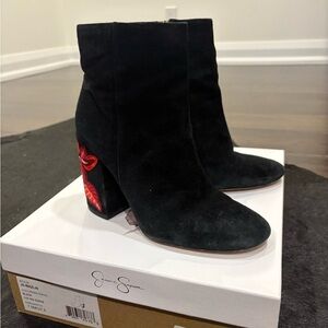 Jessica Simpson Black Heeled Boots with Red Embroidery Detail